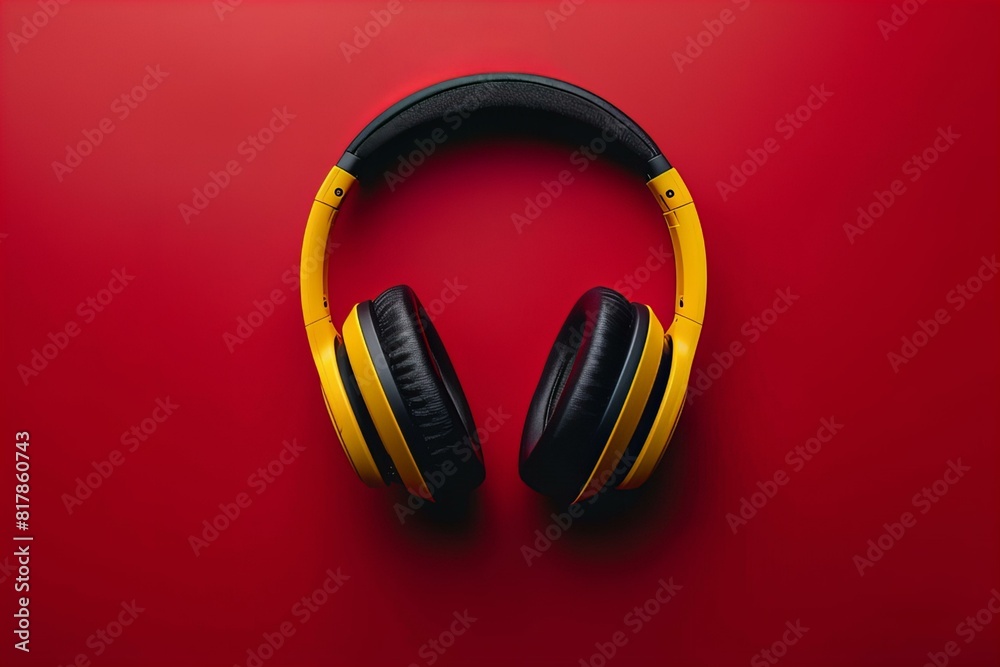 Yellow and black headphones on a red surface Yellow and black headphones on a red surface