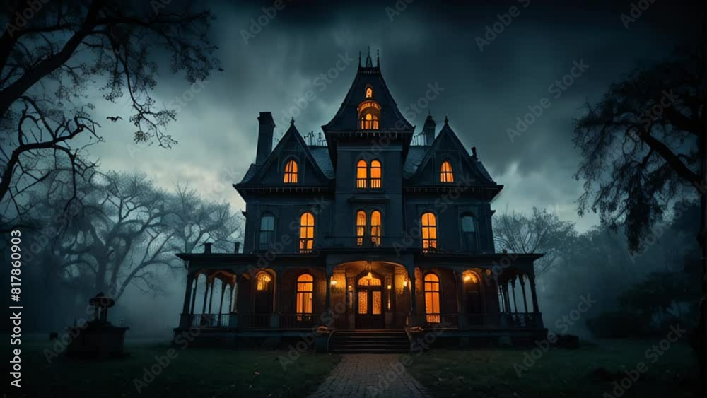 A spooky Halloween-themed manor with glowing orange windows, set against a dark and stormy sky. The eerie atmosphere and gothic architecture make it perfect for a haunted night. A spooky Halloween-themed manor with glowing orange windows, set against a dark and stormy sky. The eerie atmosphere and gothic architecture make it perfect for a haunted night.