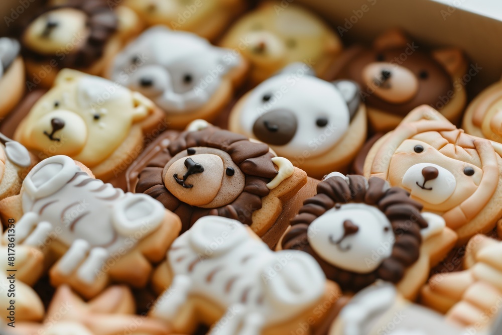 Obraz premium A collection of intricately decorated animal-themed cookies featuring lions, bears, dogs, and other animals in a close-up view.