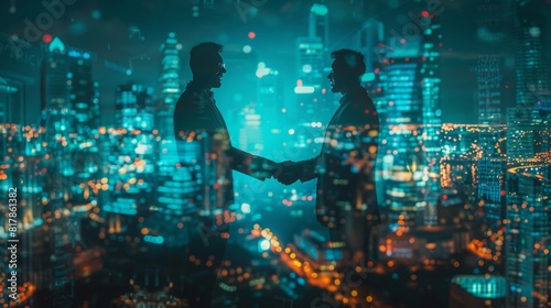 multi exposure investor business man shaking hand with partner for successful meeting with night city background, digital technology, investment, negotiation, handshake, partnership, teamwork concept photo
