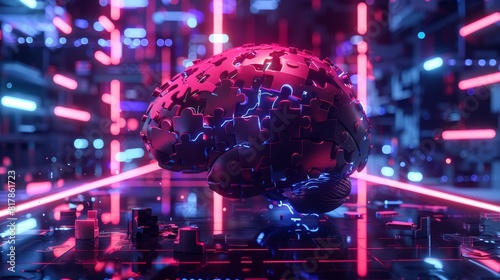 3D render of a brain made of puzzle pieces in a cyberpunk setting  featuring neon lights and futuristic elements