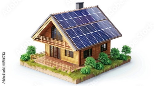 isometric view small house model with solar panels isolated on white background realistic