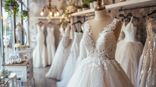 A stock photo of a chic bridal boutique interior, with wedding dresses displayed on mannequins and elegant decor