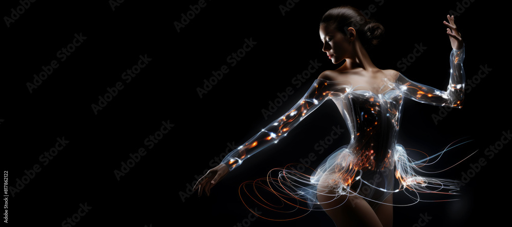 Woman Dancer Wearing Futuristic Technology Clothes on Black Background Banner Woman Dancer Wearing Futuristic Technology Clothes on Black Background Banner