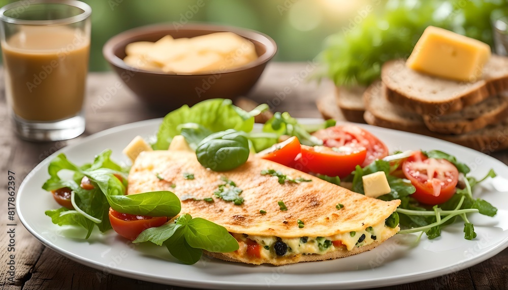 Bio heathy food - fresh omelet with salad, wholegrain bread and cheese
