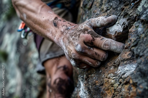 Close-up of a climber's hand gripping a rocky surface, covered in chalk and dirt for a secure hold during rock climbing.