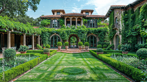 An Italianate villa with a symmetrical garden layout  a pergola draped in climbing vines adding a touch of Mediterranean charm
