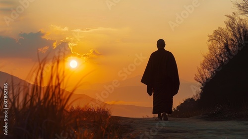 Silhouette of a monk walking in meditation at sunrise along a mountain path