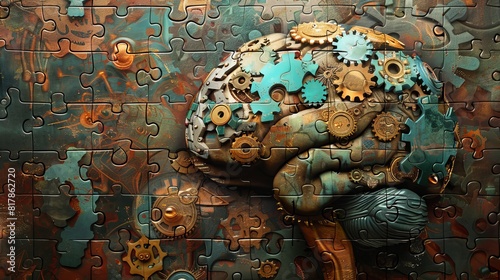 Steampunk illustration of a mechanical brain made of interlocking puzzle pieces, with intricate gear designs