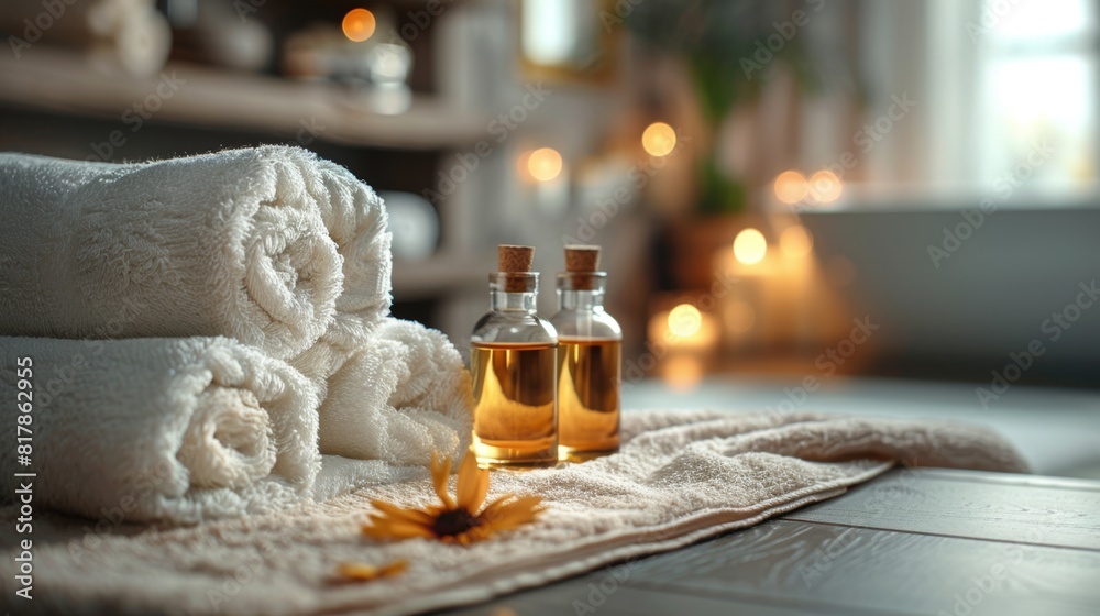 international self care day concept featuring a luxurious spa treatment setting with fluffy towels and colorful bottles of essential oils, banner mockup international self care day concept featuring a luxurious spa treatment setting with fluffy towels and colorful bottles of essential oils, banner mockup