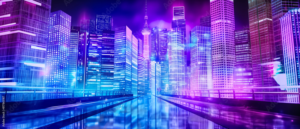 3d wireframe futuristic cityscape at night, illuminated by neon lights reflecting off skyscrapers and a wet street, creating a vibrant atmosphere of blues and purples 3d wireframe futuristic cityscape at night, illuminated by neon lights reflecting off skyscrapers and a wet street, creating a vibrant atmosphere of blues and purples