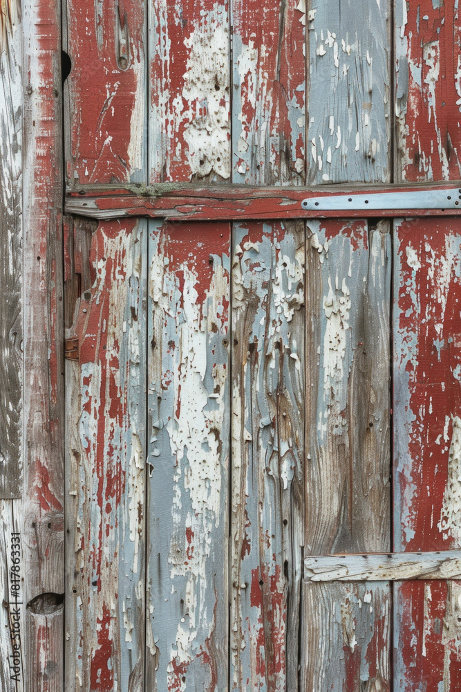 A close-up of a weathered barn door, with peeling paint and wood grain adding texture and character. A close-up of a weathered barn door, with peeling paint and wood grain adding texture and character.