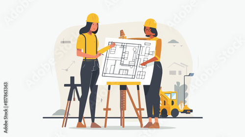 Female architect and male engineer worker drawing con