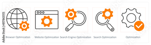 A set of 5 Seo icons as browser optimization, webiste optimization, search engine optimization