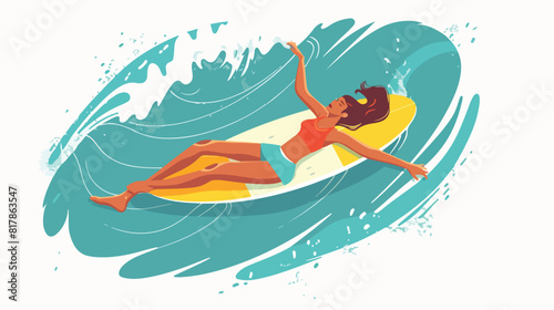 Female professional surfer lying on surfboard swimming