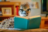An ostrich wearing glasses is reading a book in a cozy room with a blurred background.