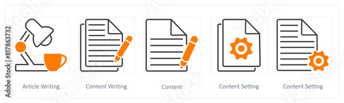 A set of 5 Seo icons as article writing, content writing, content