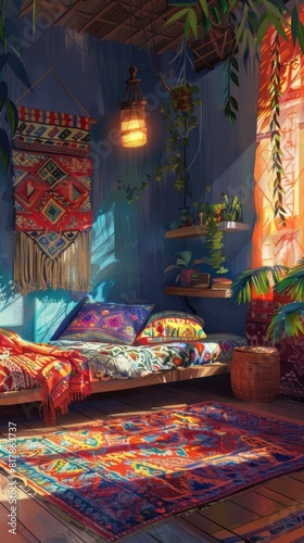 Bohemian Chic Bedroom A Relaxed and Artsy BohoStyle Room with Colorful Textiles and Hanging Macram photo