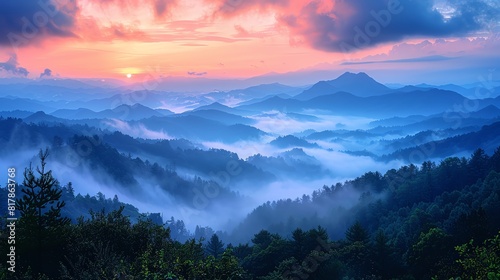 Misty mountain range at dawn, layers of peaks fading into the distance with soft light