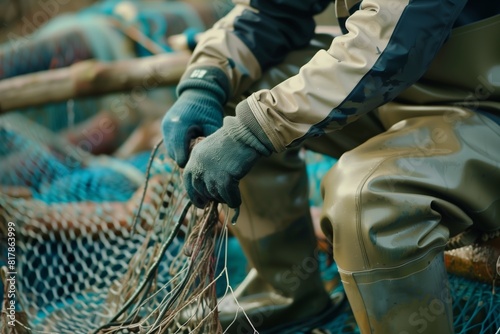 Close-up of a fisherman's gloved hands working on a fishing net, dressed in waterproof clothing and sitting among fishing gear, highlighting traditional fishing methods.