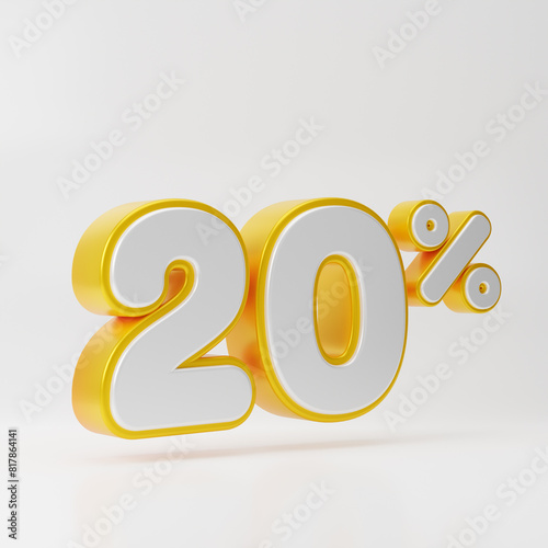 White twenty percent or 20 % with gold outline isolated over white background. 3D rendering. photo
