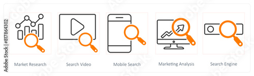A set of 5 Seo icons as market search, search video, mobile search