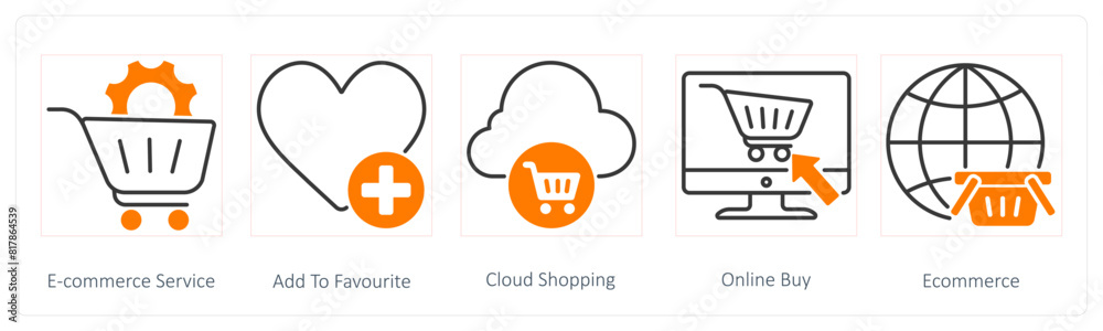 A set of 5 Seo icons as ecommerce service, add to favorite, cloud shopping A set of 5 Seo icons as ecommerce service, add to favorite, cloud shopping