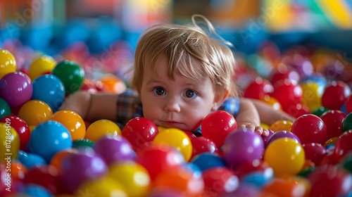 A child energetically playing in a ball pit filled with vibrant, colorful balls