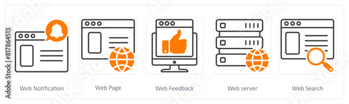 A set of 5 Seo icons as web notification, webpage, web feedback
