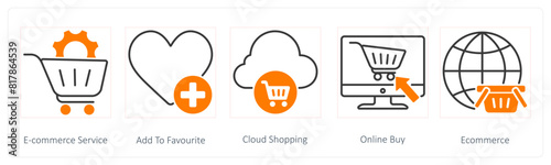 A set of 5 Seo icons as ecommerce service, add to favorite, cloud shopping