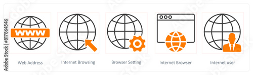 A set of 5 Seo icons as web address, internet browsing, browsing setting