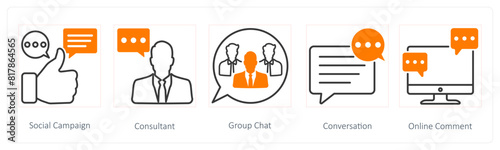 A set of 5 Seo icons as social campaign, consultant, group chat