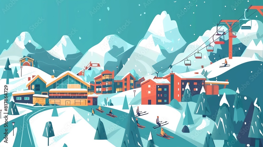 Ski resort flat design side view alpine animation tetradic color scheme Ski resort flat design side view alpine animation tetradic color scheme