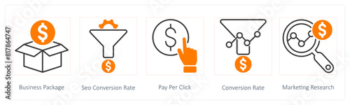 A set of 5 Seo icons as business package, seo conversion rate, pay per click