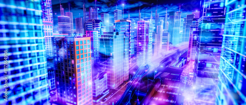 Perspective metaverse futuristic cityscape illuminated with neon lights, tall buildings and advanced technology with an atmosphere of a digital, cybernetic world