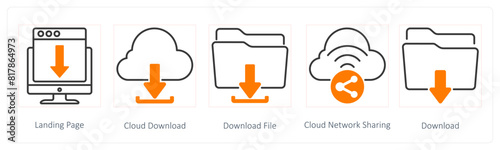 A set of 5 Seo icons as landing page, cloud download, download file