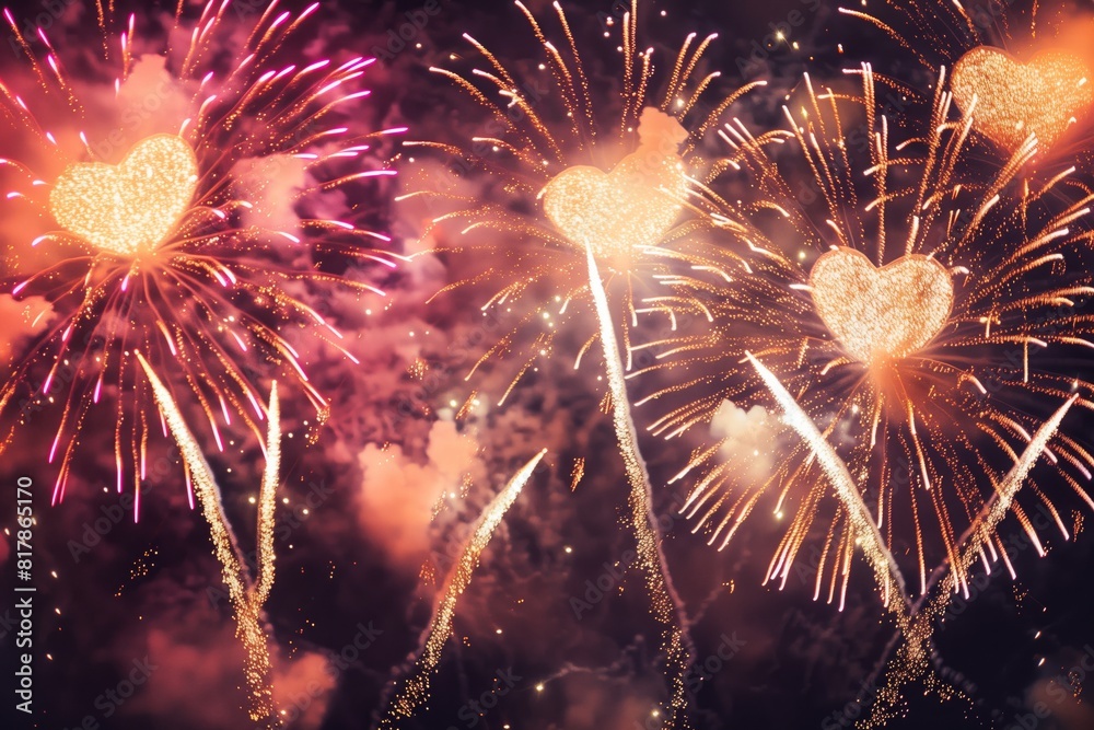 Fototapeta premium Bright fireworks display with heart-shaped designs in the night sky, glowing with pink and gold colors, creating a festive and romantic atmosphere.