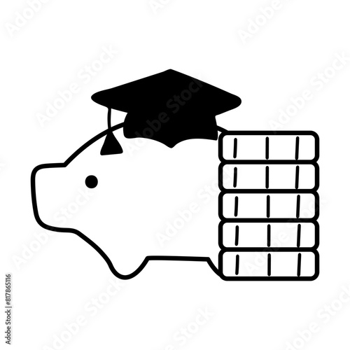 Piggy bank with graduation hat and coins. Outline isolated icon. Financial concept. illustration