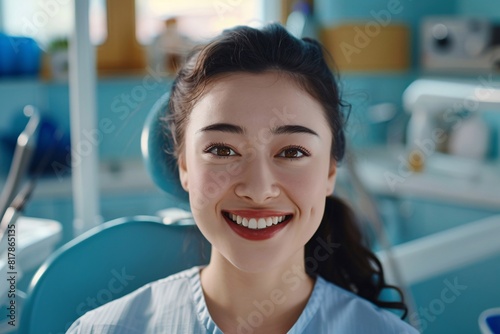  Young woman with a bright, confident smile, showcasing healthy teeth and gums in a dental office setting