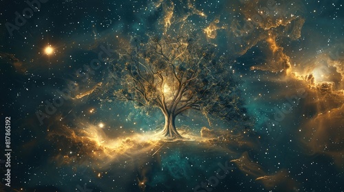 Kabbalistic Tree of Life, abstract representation, metallic textures, interstellar background, shining through the cosmic mist realistic photo