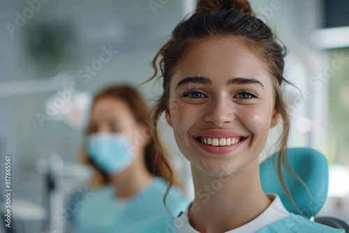  Young woman with a bright, confident smile, showcasing healthy teeth and gums in a dental office setting