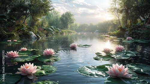 Peaceful garden pond with lily pads, blooming lotuses and gentle ripples photo