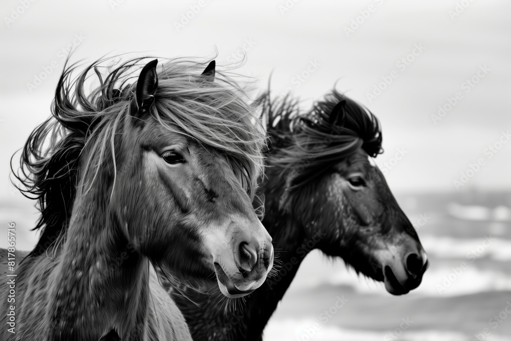 A black and white photo of two horses with flowing manes, standing side by side, capturing their majestic and natural beauty. A black and white photo of two horses with flowing manes, standing side by side, capturing their majestic and natural beauty.