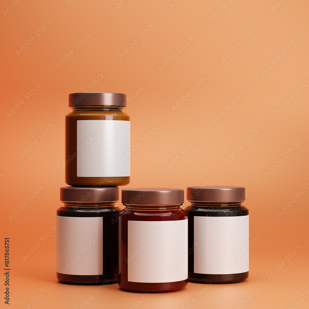 Set of different glass jam jars with blank label isolated over orange background. Mockup template. 3d rendering. Set of different glass jam jars with blank label isolated over orange background. Mockup template. 3d rendering.