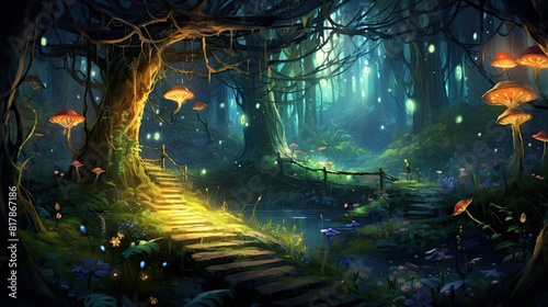 An enchanted forest with glowing mushrooms  sparkling fireflies  and twisting vines.