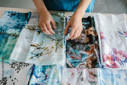 Close-up of a person's hands selecting from a variety of vibrant, floral-patterned fabric swatches laid out on a table. photo