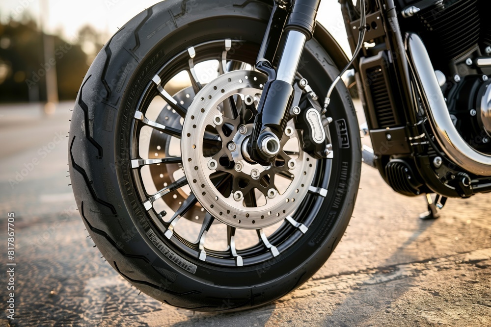 Close-up of a motorcycle front wheel featuring a detailed view of the suspension, brake disc, and tire on an asphalt surface.