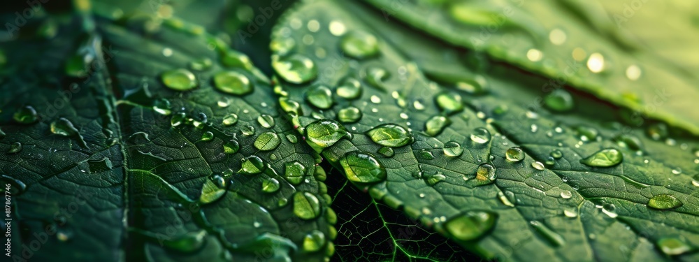 A close-up of water droplets on a leaf resembling shimmering dots. A close-up of water droplets on a leaf resembling shimmering dots.