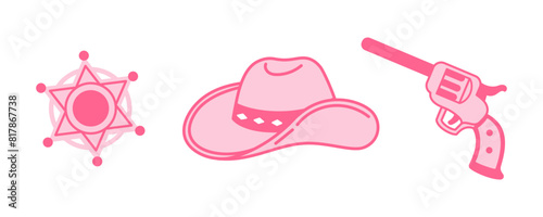 Sheriff Pink core fashion elements set. Cowgirl hat, handgun, sheriff badge. Cowboy western and wild west theme bundle. Hand drawn vector illustration.