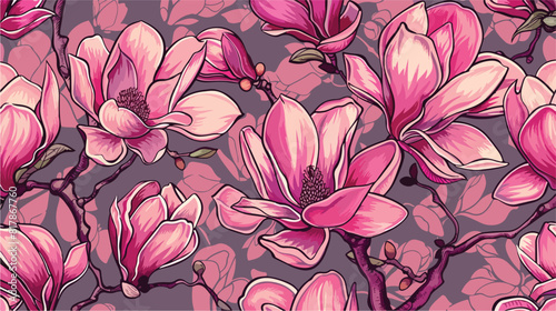 Flowering magnolia pink color. Hand drawn colorful se